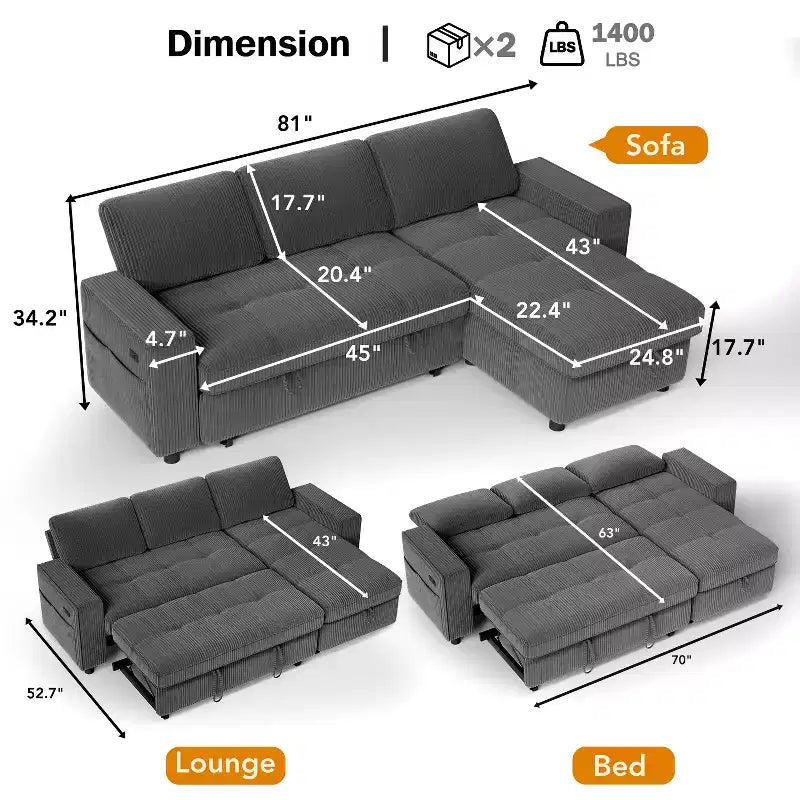 Dyonery 81 L-Shaped Sectional Sleeper Sofa Bed with Pull-Out, Reclining Backrest, Storage Chaise & USB Ports