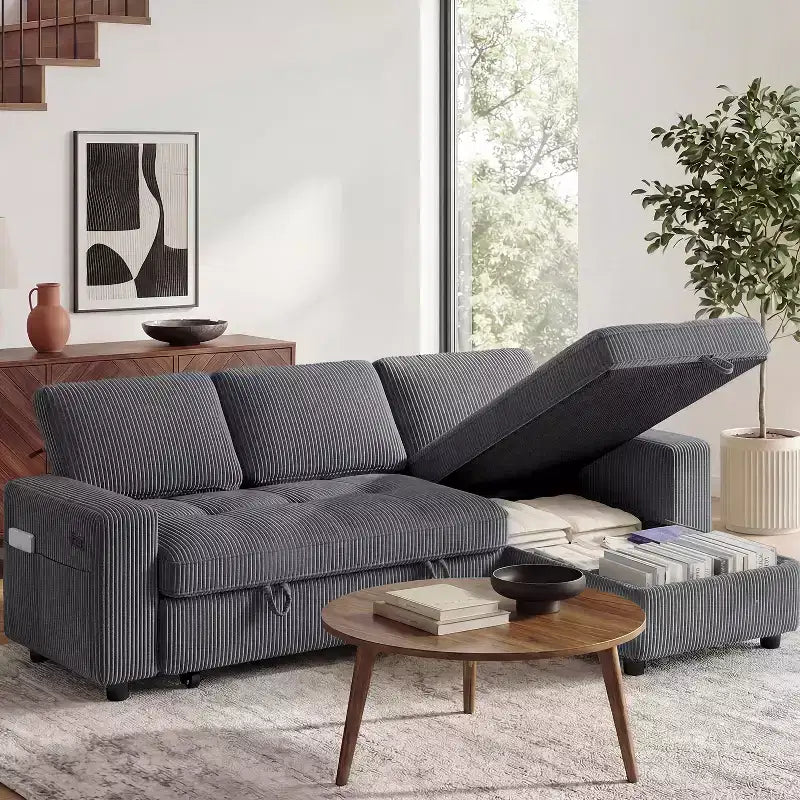 Dyonery 81 L-Shaped Sectional Sleeper Sofa Bed with Pull-Out, Reclining Backrest, Storage Chaise & USB Ports