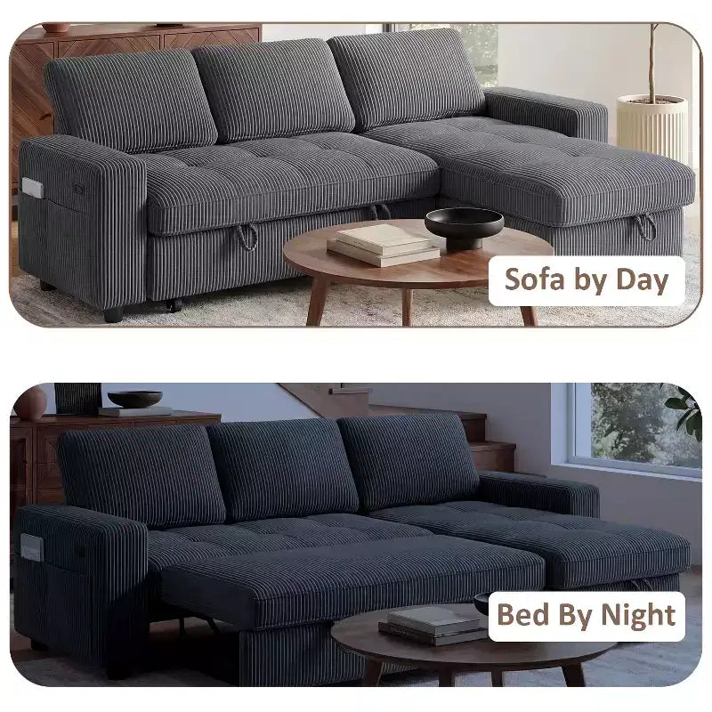 Dyonery 81 L-Shaped Sectional Sleeper Sofa Bed with Pull-Out, Reclining Backrest, Storage Chaise & USB Ports