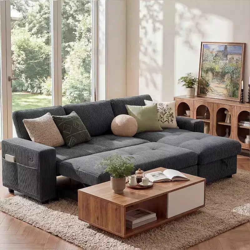 Dyonery 81 L-Shaped Sectional Sleeper Sofa Bed with Pull-Out, Reclining Backrest, Storage Chaise & USB Ports