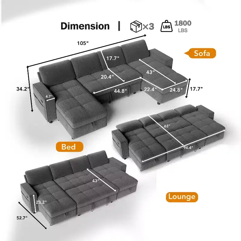 Dyonery 81 L-Shaped Sectional Sleeper Sofa Bed with Pull-Out, Reclining Backrest, Storage Chaise & USB Ports