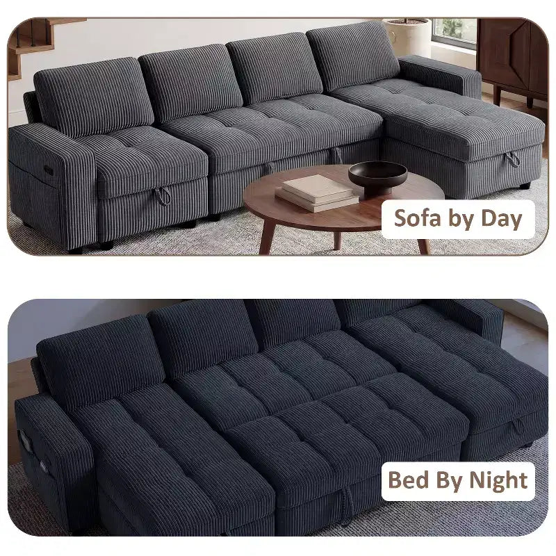 Dyonery 81 L-Shaped Sectional Sleeper Sofa Bed with Pull-Out, Reclining Backrest, Storage Chaise & USB Ports