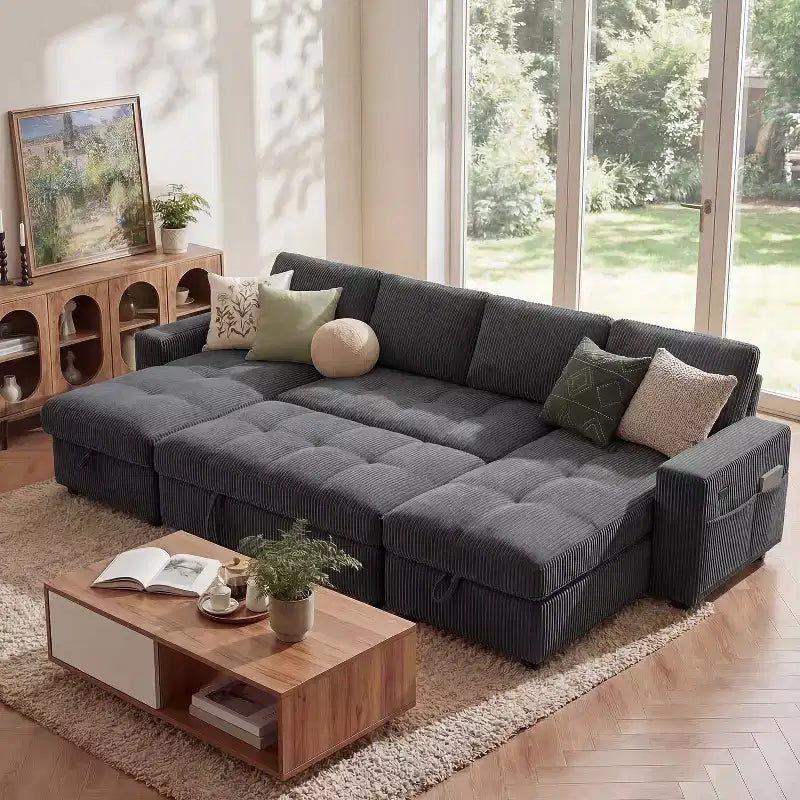 Dyonery 81 L-Shaped Sectional Sleeper Sofa Bed with Pull-Out, Reclining Backrest, Storage Chaise & USB Ports