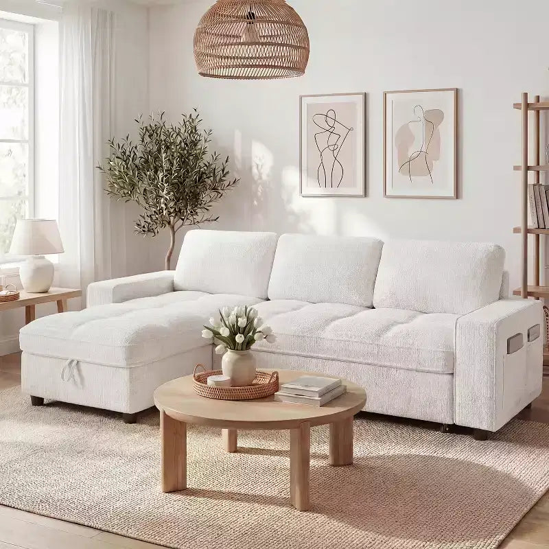 Dyonery 81 L-Shaped Sectional Sleeper Sofa Bed with Pull-Out, Reclining Backrest, Storage Chaise & USB Ports