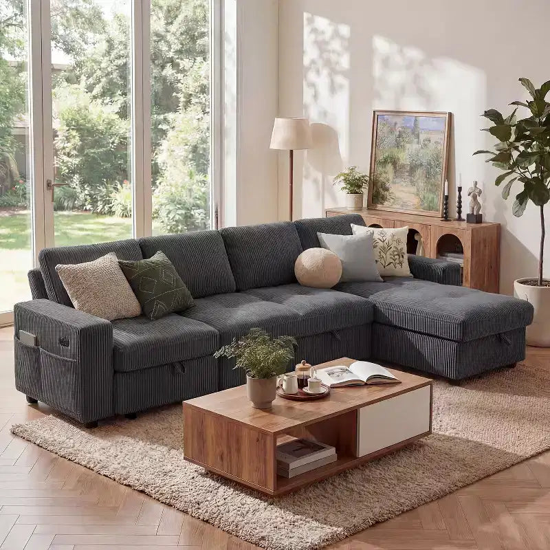 Dyonery 81 L-Shaped Sectional Sleeper Sofa Bed with Pull-Out, Reclining Backrest, Storage Chaise & USB Ports