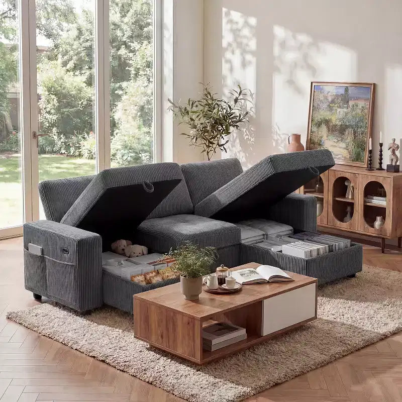 Dyonery 81 L-Shaped Sectional Sleeper Sofa Bed with Pull-Out, Reclining Backrest, Storage Chaise & USB Ports