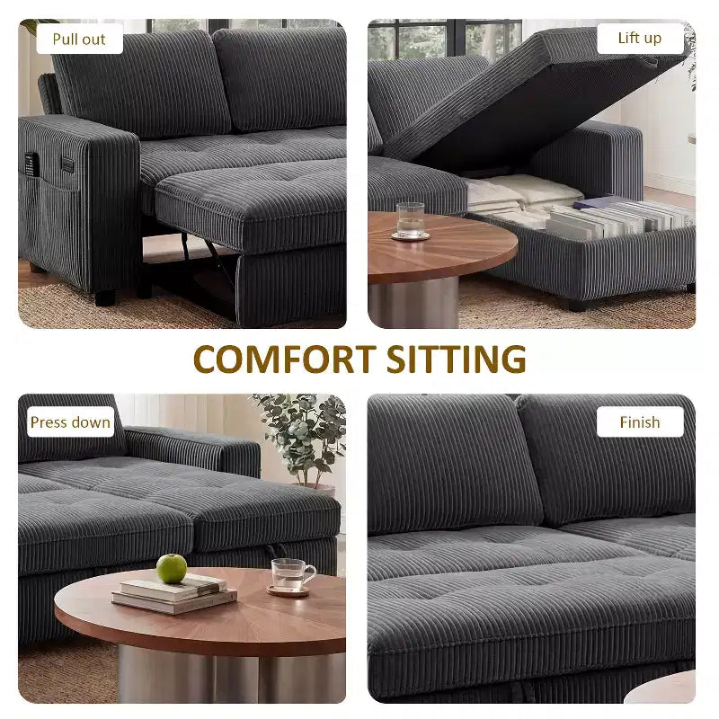 Dyonery 81 L-Shaped Sectional Sleeper Sofa Bed with Pull-Out, Reclining Backrest, Storage Chaise & USB Ports