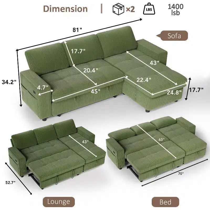 Dyonery 81 L-Shaped Sectional Sleeper Sofa Bed with Pull-Out, Reclining Backrest, Storage Chaise & USB Ports
