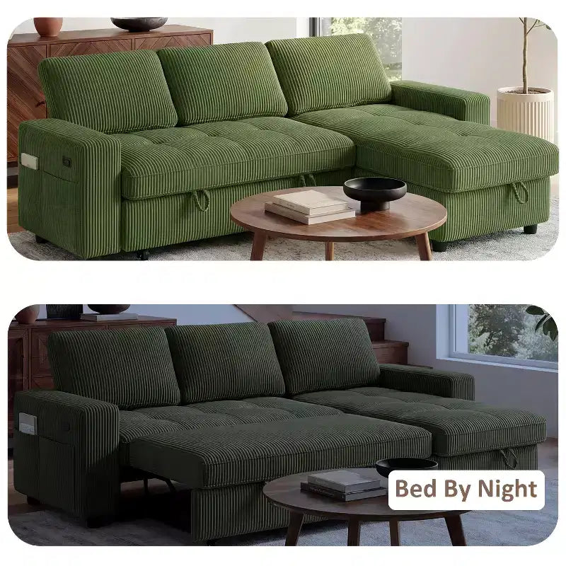Dyonery 81 L-Shaped Sectional Sleeper Sofa Bed with Pull-Out, Reclining Backrest, Storage Chaise & USB Ports