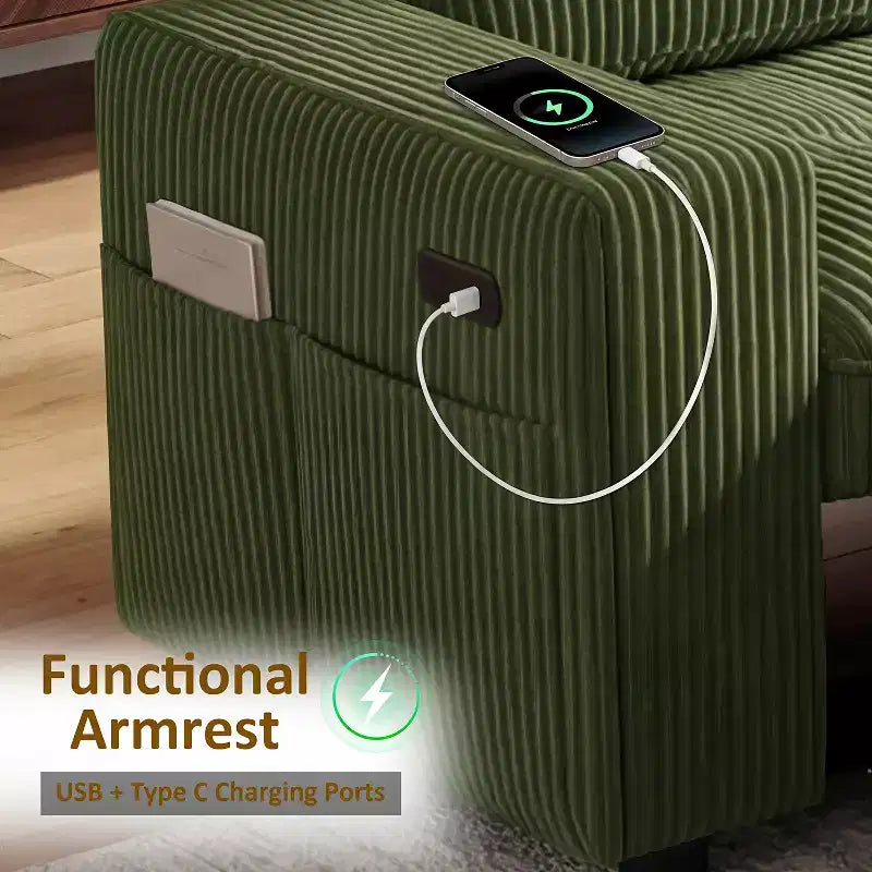 Dyonery 81 L-Shaped Sectional Sleeper Sofa Bed with Pull-Out, Reclining Backrest, Storage Chaise & USB Ports