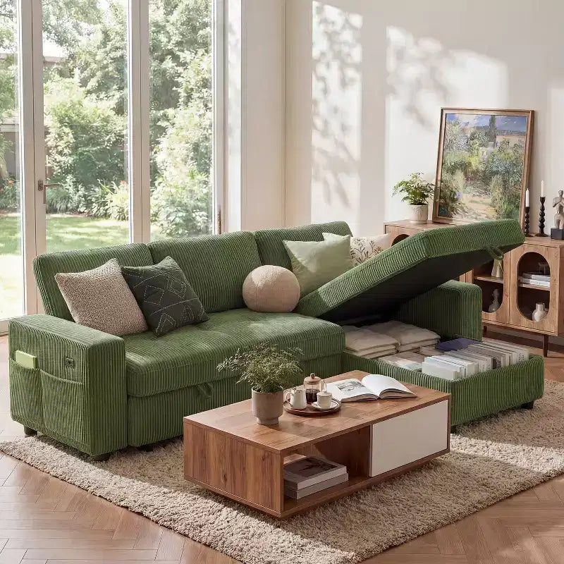 Dyonery 81 L-Shaped Sectional Sleeper Sofa Bed with Pull-Out, Reclining Backrest, Storage Chaise & USB Ports