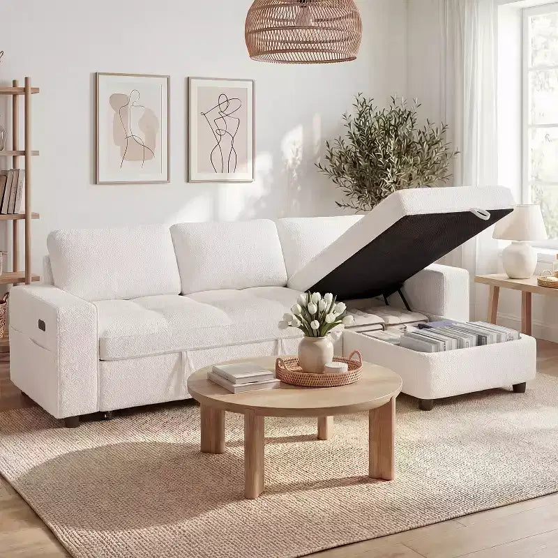 Dyonery 81 L-Shaped Sectional Sleeper Sofa Bed with Pull-Out, Reclining Backrest, Storage Chaise & USB Ports