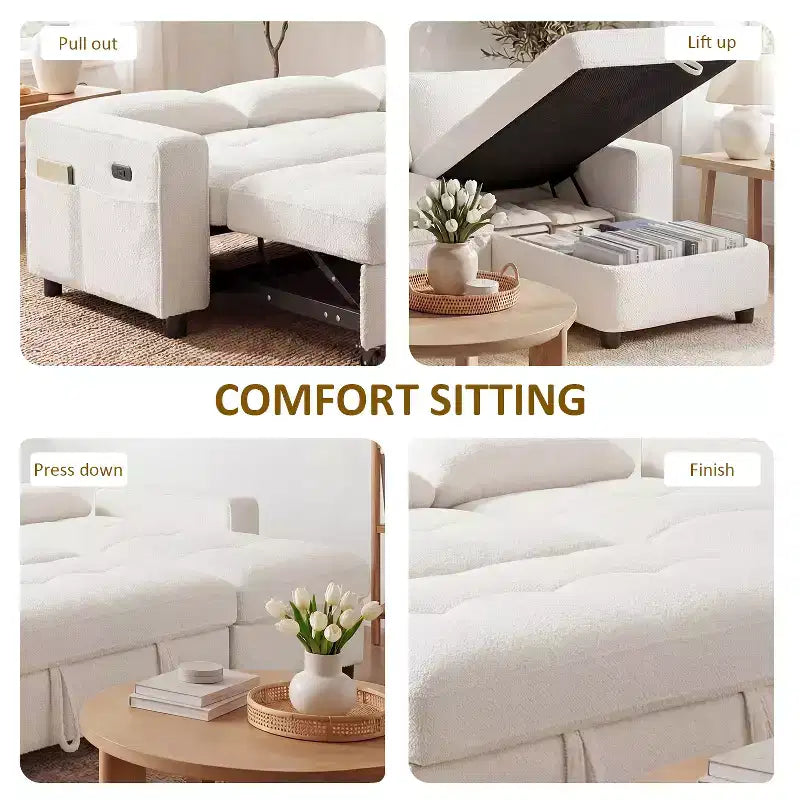 Dyonery 81 L-Shaped Sectional Sleeper Sofa Bed with Pull-Out, Reclining Backrest, Storage Chaise & USB Ports