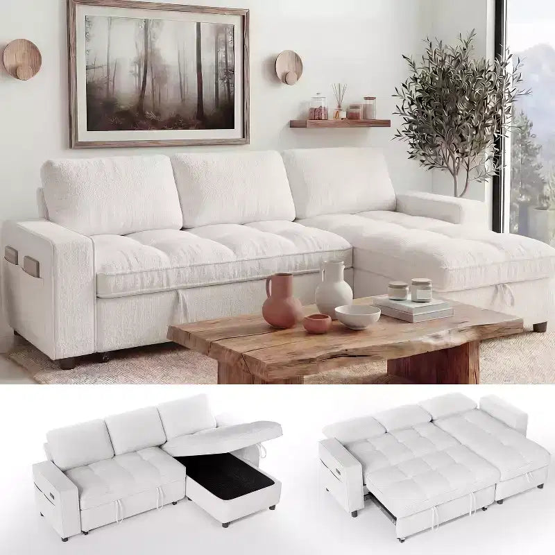 Dyonery 81 L-Shaped Sectional Sleeper Sofa Bed with Pull-Out, Reclining Backrest, Storage Chaise & USB Ports