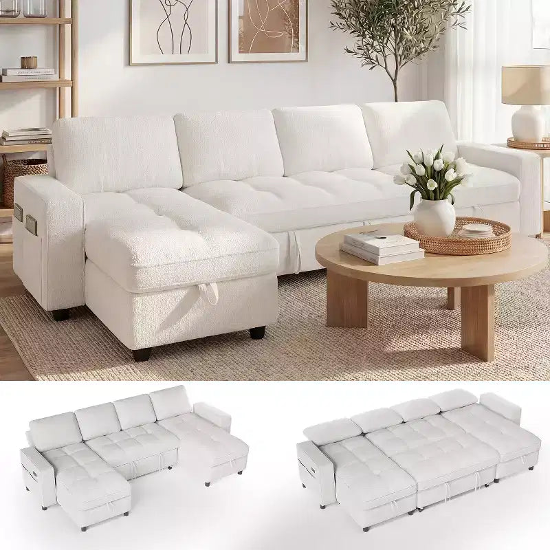 Dyonery 81 L-Shaped Sectional Sleeper Sofa Bed with Pull-Out, Reclining Backrest, Storage Chaise & USB Ports