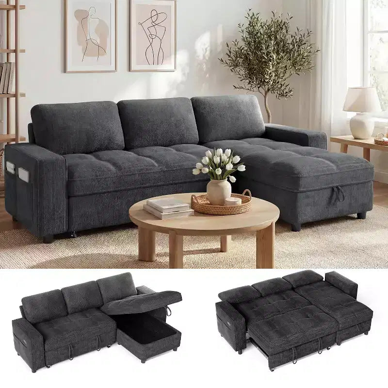 Dyonery 81 L-Shaped Sectional Sleeper Sofa Bed with Pull-Out, Reclining Backrest, Storage Chaise & USB Ports