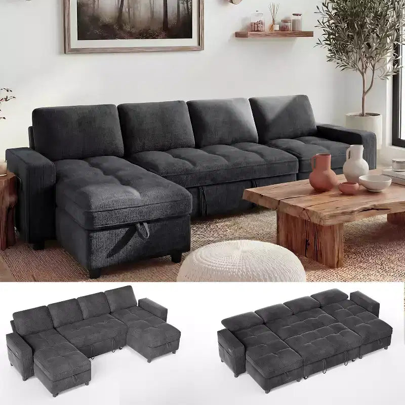 Dyonery 81 L-Shaped Sectional Sleeper Sofa Bed with Pull-Out, Reclining Backrest, Storage Chaise & USB Ports