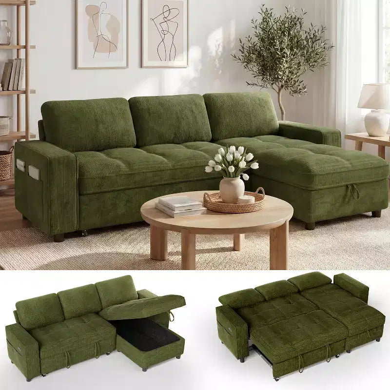 Dyonery 81 L-Shaped Sectional Sleeper Sofa Bed with Pull-Out, Reclining Backrest, Storage Chaise & USB Ports