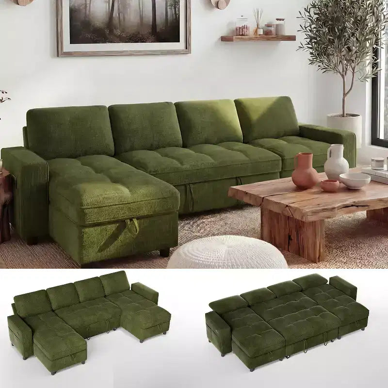 Dyonery 81 L-Shaped Sectional Sleeper Sofa Bed with Pull-Out, Reclining Backrest, Storage Chaise & USB Ports