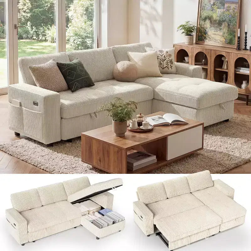 Dyonery 81 L-Shaped Sectional Sleeper Sofa Bed with Pull-Out, Reclining Backrest, Storage Chaise & USB Ports
