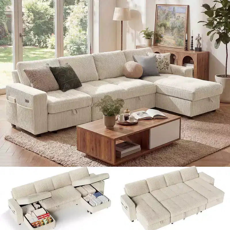 Dyonery 81 L-Shaped Sectional Sleeper Sofa Bed with Pull-Out, Reclining Backrest, Storage Chaise & USB Ports