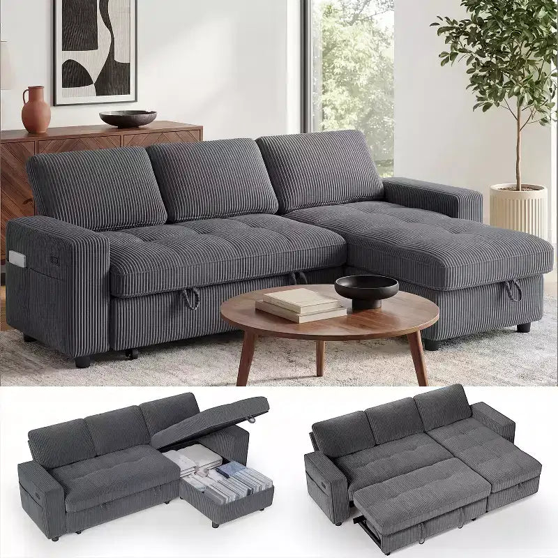 Dyonery 81 L-Shaped Sectional Sleeper Sofa Bed with Pull-Out, Reclining Backrest, Storage Chaise & USB Ports