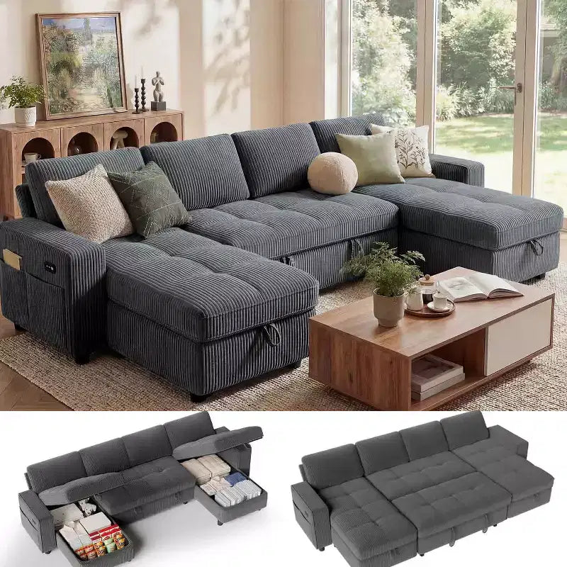 Dyonery 81 L-Shaped Sectional Sleeper Sofa Bed with Pull-Out, Reclining Backrest, Storage Chaise & USB Ports