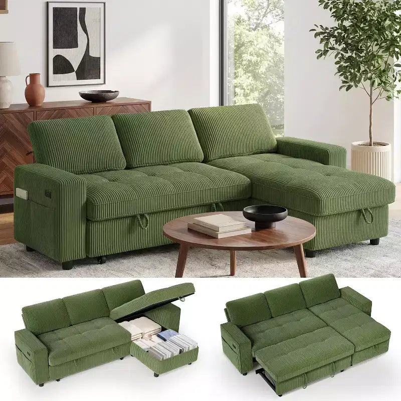 Dyonery 81 L-Shaped Sectional Sleeper Sofa Bed with Pull-Out, Reclining Backrest, Storage Chaise & USB Ports
