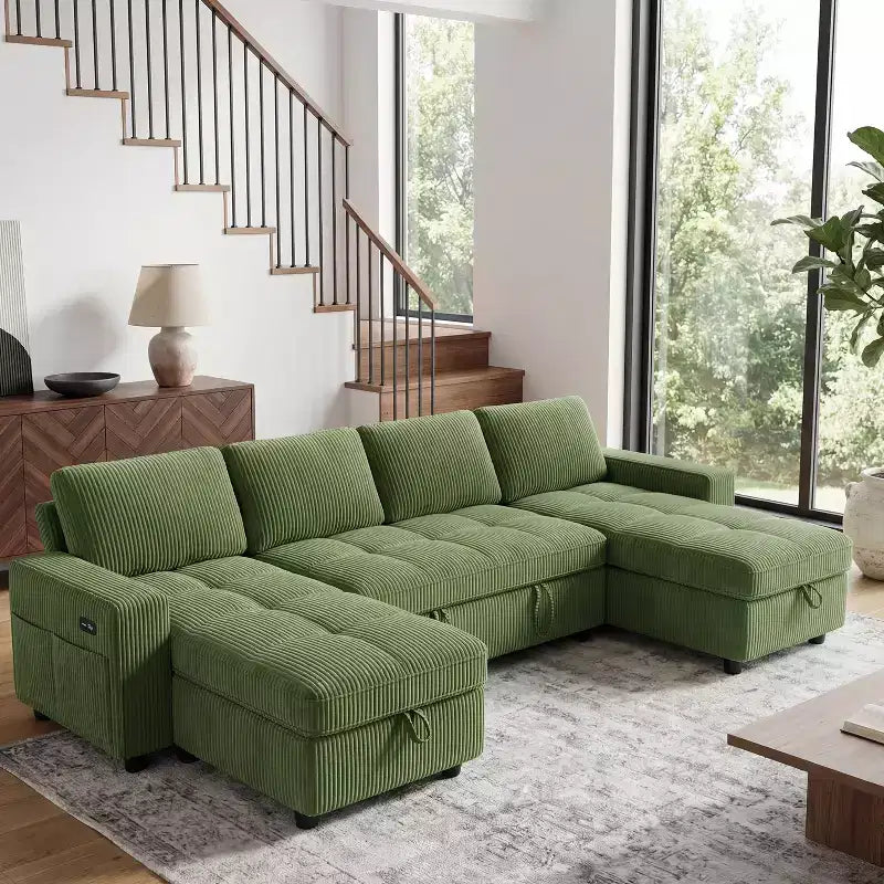 Dyonery 81 L-Shaped Sectional Sleeper Sofa Bed with Pull-Out, Reclining Backrest, Storage Chaise & USB Ports