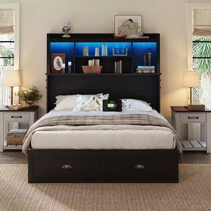 AMERLIFE Murphy Bed with Desk, Bookcase Headboard & LED Light, Storage Drawer & Charging Station