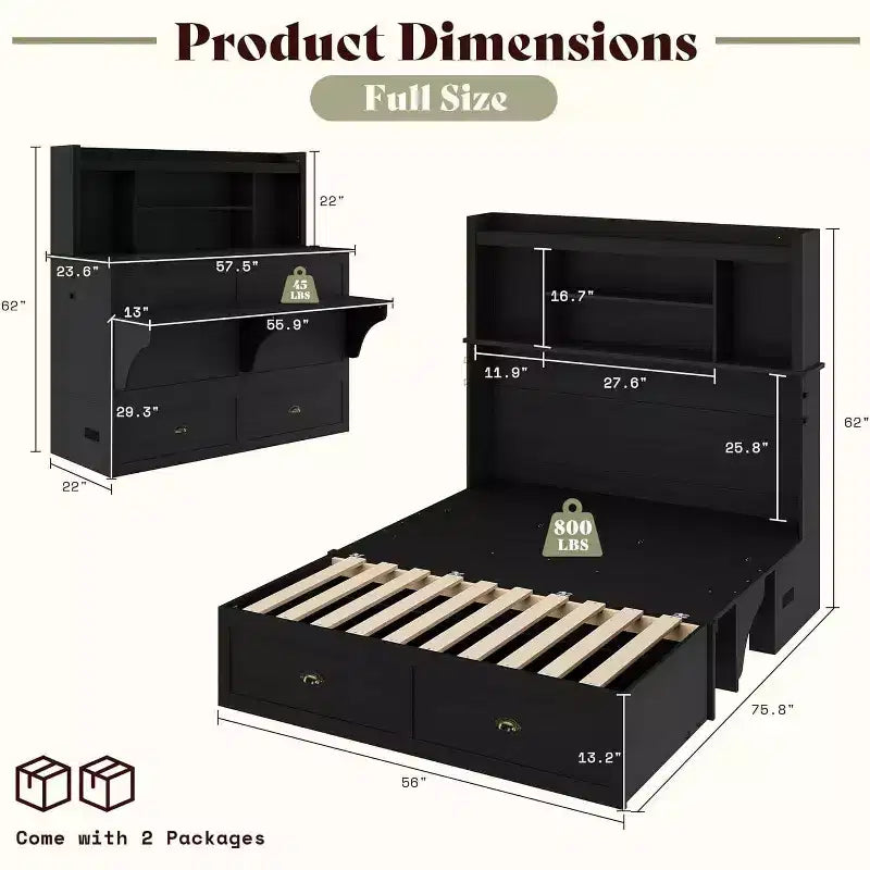 AMERLIFE Murphy Bed with Desk, Bookcase Headboard & LED Light, Storage Drawer & Charging Station