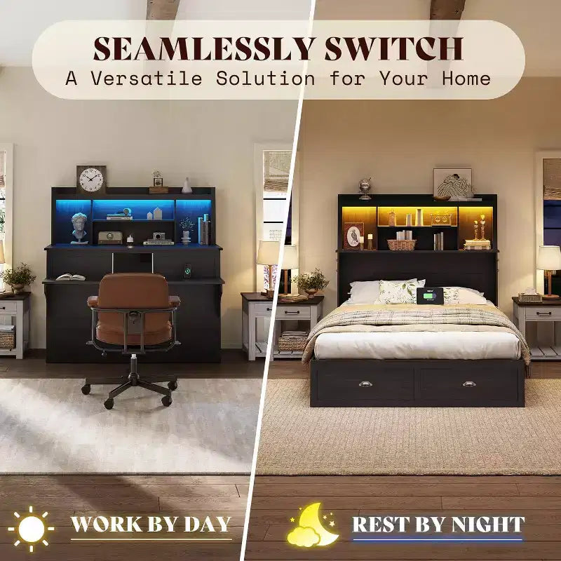 AMERLIFE Murphy Bed with Desk, Bookcase Headboard & LED Light, Storage Drawer & Charging Station