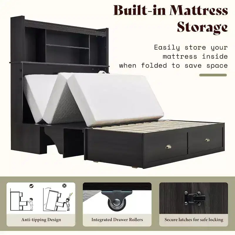 AMERLIFE Murphy Bed with Desk, Bookcase Headboard & LED Light, Storage Drawer & Charging Station