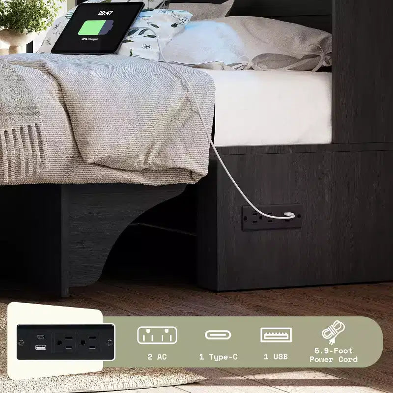 AMERLIFE Murphy Bed with Desk, Bookcase Headboard & LED Light, Storage Drawer & Charging Station