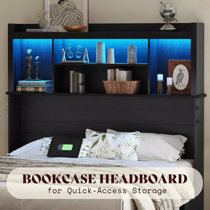AMERLIFE Murphy Bed with Desk, Bookcase Headboard & LED Light, Storage Drawer & Charging Station