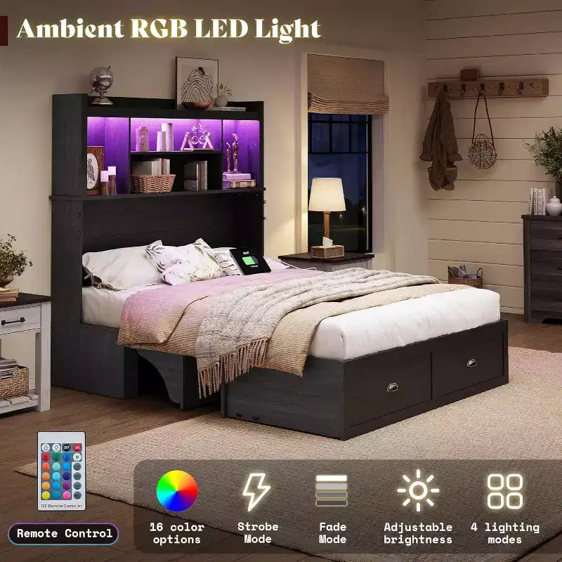 AMERLIFE Murphy Bed with Desk, Bookcase Headboard & LED Light, Storage Drawer & Charging Station