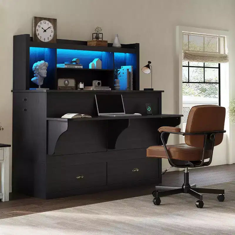 AMERLIFE Murphy Bed with Desk, Bookcase Headboard & LED Light, Storage Drawer & Charging Station