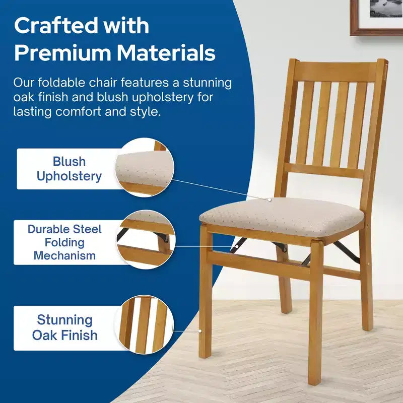 Stackmore Arts and Craft Wooden Folding Chairs with Padded Seats, Oak, Set of 2