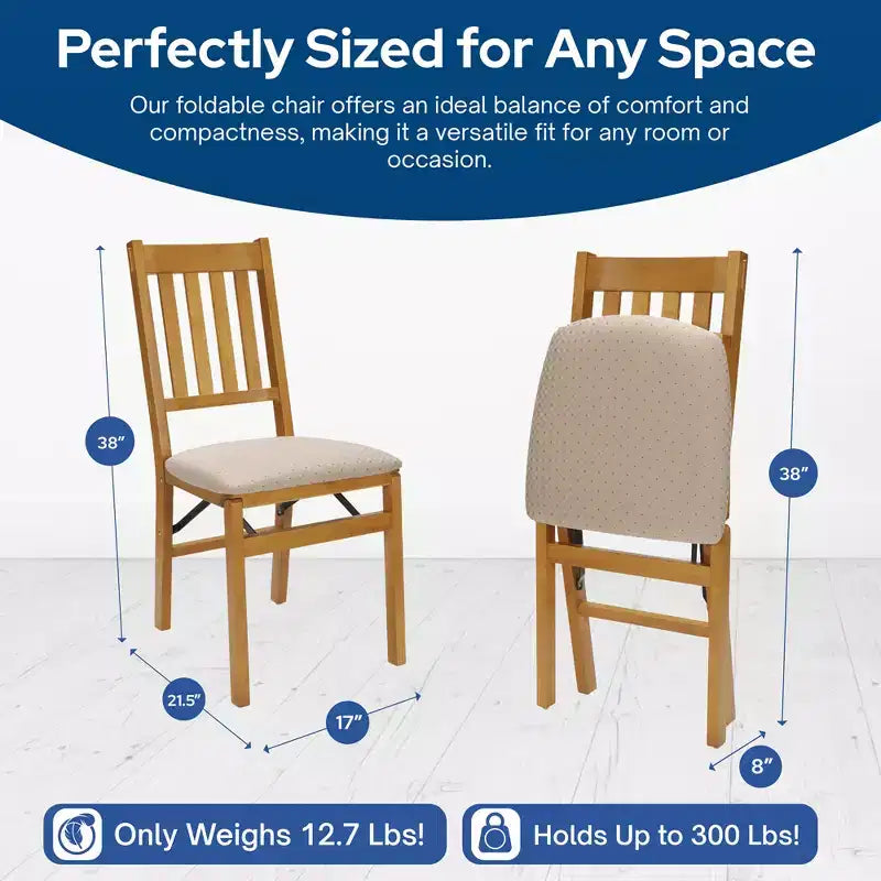 Stackmore Arts and Craft Wooden Folding Chairs with Padded Seats, Oak, Set of 2