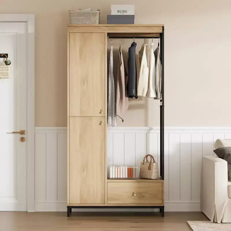 Large Wardrobe Closet with Shelves & Hanging Rail, 78.9 Metal Frame Armoire with Drawer, Open Hanging Space & Storage Compartment