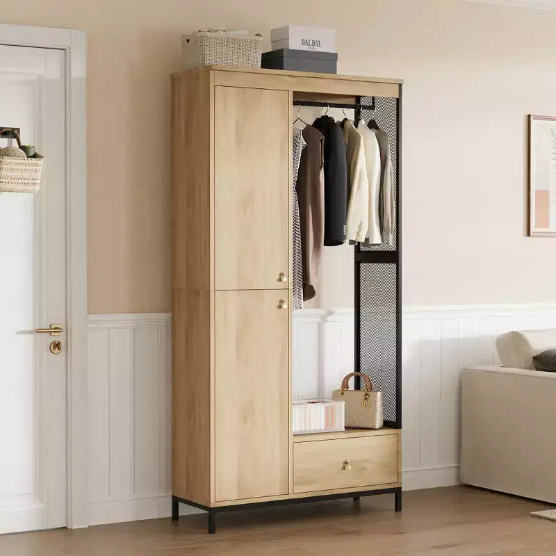 Large Wardrobe Closet with Shelves & Hanging Rail, 78.9 Metal Frame Armoire with Drawer, Open Hanging Space & Storage Compartment