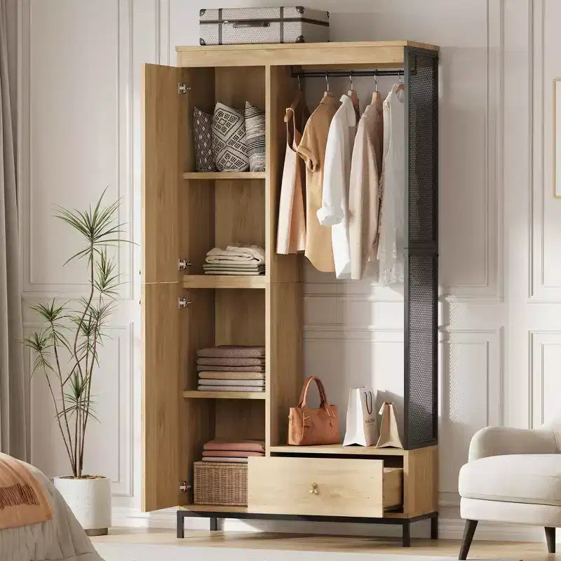 Large Wardrobe Closet with Shelves & Hanging Rail, 78.9 Metal Frame Armoire with Drawer, Open Hanging Space & Storage Compartment
