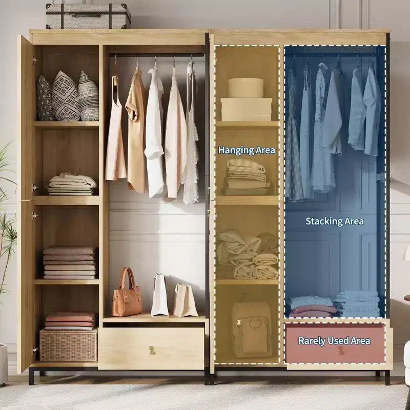 Large Wardrobe Closet with Shelves & Hanging Rail, 78.9 Metal Frame Armoire with Drawer, Open Hanging Space & Storage Compartment