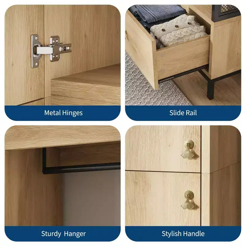 Large Wardrobe Closet with Shelves & Hanging Rail, 78.9 Metal Frame Armoire with Drawer, Open Hanging Space & Storage Compartment