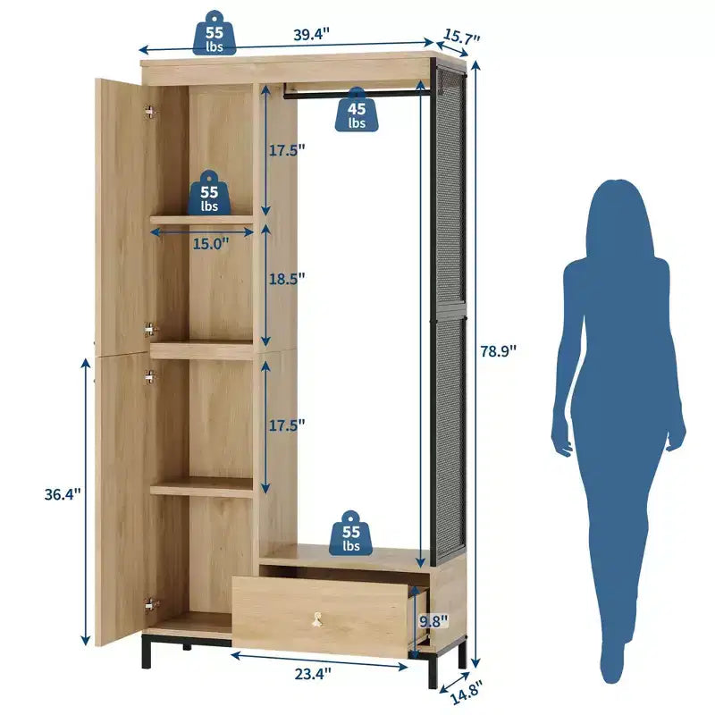 Large Wardrobe Closet with Shelves & Hanging Rail, 78.9 Metal Frame Armoire with Drawer, Open Hanging Space & Storage Compartment