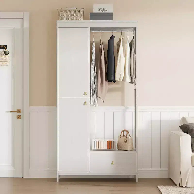 Large Wardrobe Closet with Shelves & Hanging Rail, 78.9 Metal Frame Armoire with Drawer, Open Hanging Space & Storage Compartment
