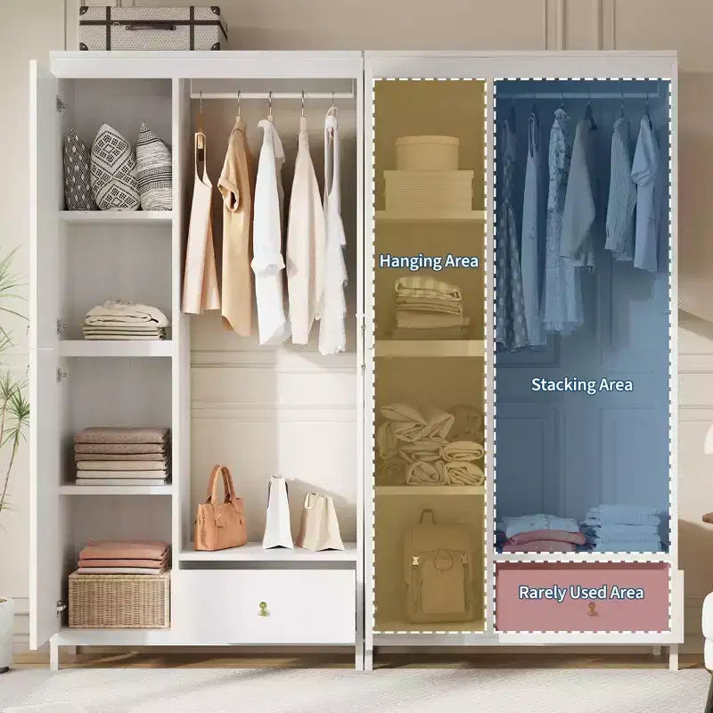 Large Wardrobe Closet with Shelves & Hanging Rail, 78.9 Metal Frame Armoire with Drawer, Open Hanging Space & Storage Compartment