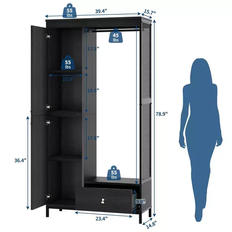 Large Wardrobe Closet with Shelves & Hanging Rail, 78.9 Metal Frame Armoire with Drawer, Open Hanging Space & Storage Compartment