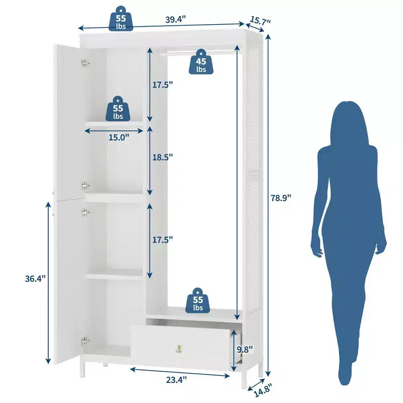 Large Wardrobe Closet with Shelves & Hanging Rail, 78.9 Metal Frame Armoire with Drawer, Open Hanging Space & Storage Compartment