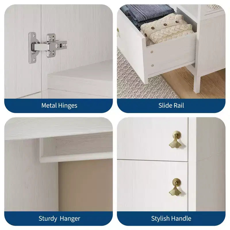 Large Wardrobe Closet with Shelves & Hanging Rail, 78.9 Metal Frame Armoire with Drawer, Open Hanging Space & Storage Compartment